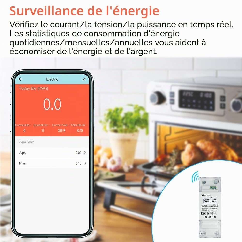 KETOTEK WiFi Compteur d'Énergie Monophasé Rail Din Compteur électrique Numérique AC 5(65) A 90-250V Wattmetre Consommation Electrique Mètre Watt KWh Smart Single Phase Energy Meter