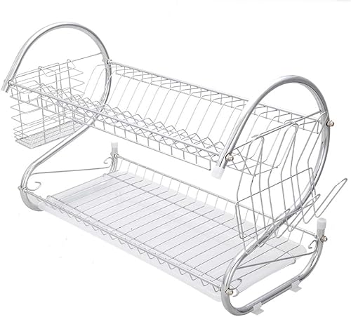 Miniatura 1 de Juego de escurridor de platos y escurridor, organizador grande de fregadero de acero inoxidable de 2 niveles con soporte para tazas, soporte para