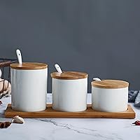 Vista 8 de Juego de 3 tarros de cerámica para condimentos en diferentes tamaños con cucharas y tapas de bambú y bandeja (blanco)