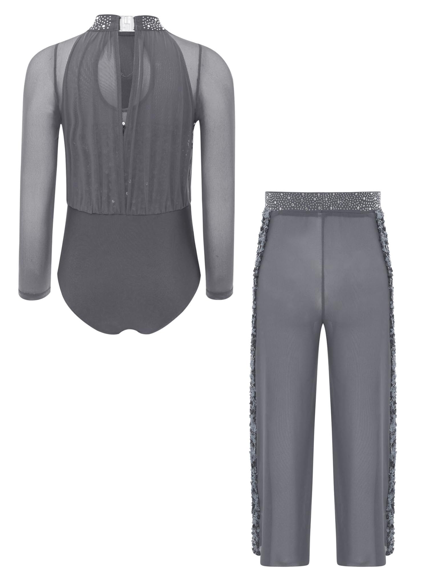 Gymnastikanzug Mädchen Langarm Kinder Pailletten Und Strass Glitzer Tanzanzug Mesh Patchwork Body Mit Hose Leggings Weites Bein Tanzkostüm