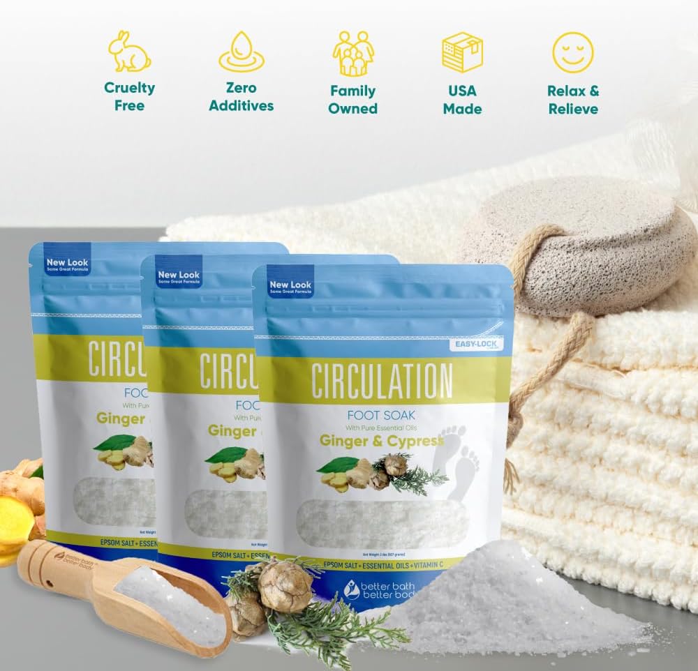 Circulation Foot Soak (3-Pack with Scoop) Foot Soaking Epsom Salts with Pure Essential Oils in BPA Free Pouch with Press-Lock Seal Made in USA, Three 2-Lbs Pouches 6-Lbs Total