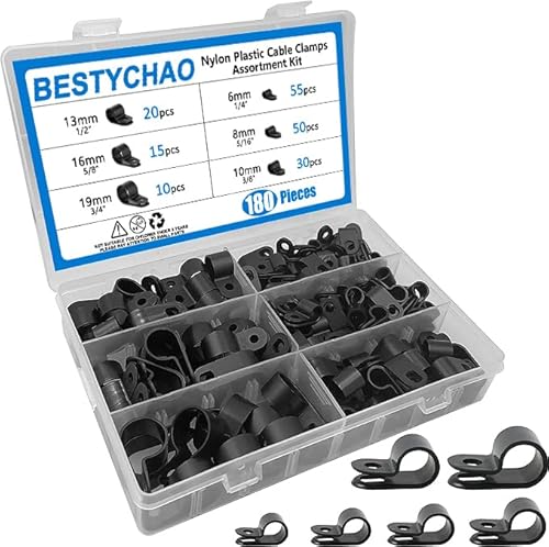 BESTYCHAO Nylon R Clip, 180 Stück 6 Größen R-Typ Nylon Kabelklemme, Typ P Drahtklemmen Kabelklemmen Sortimentskit für Kabel-Management(Schwarz)