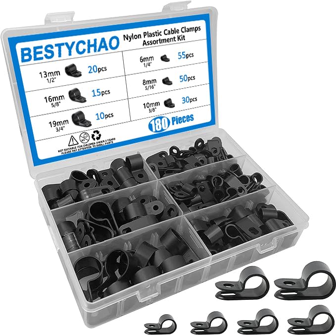 180pcs Nylon R-Type Cable Clips, Plastic Cable Clamp Assortment Kit for Wire, Electrical Cable, Conduit(Black)