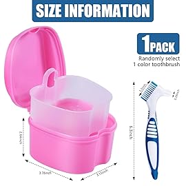 KISEER Pink Denture Bath Case Cup Box Holder Storage Container with Denture Cleaner Brush Strainer Basket for Travel Cleaning