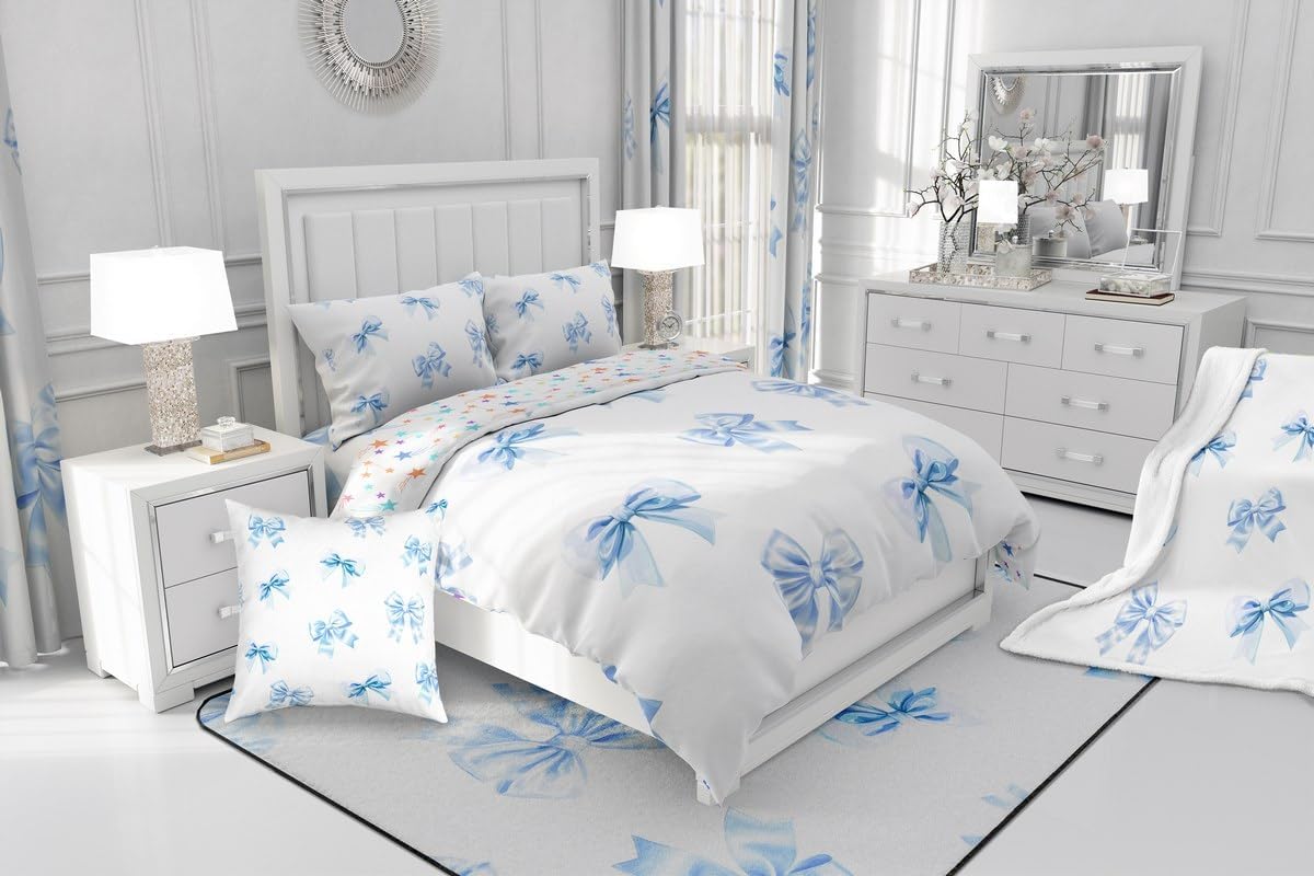 jejeloiu Blue Bowknot Fitted Sheet Love Bow Bed Sheets for Kids Boys Girls Princess Style Bedding Set Romantic Sheets Set Bedroom Collection 2Pcs Twin Size,No Flat Sheet
