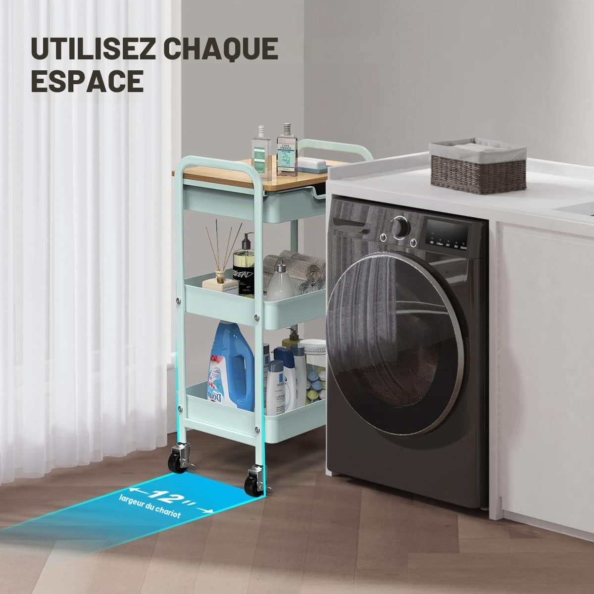 Chariot de Rangement à 3 Niveaux avec et roulettes et Tiroir Desserte Meuble Organisation pour Bureau D'atelier et Cuisine Lessive Salle de Bain (Vert)