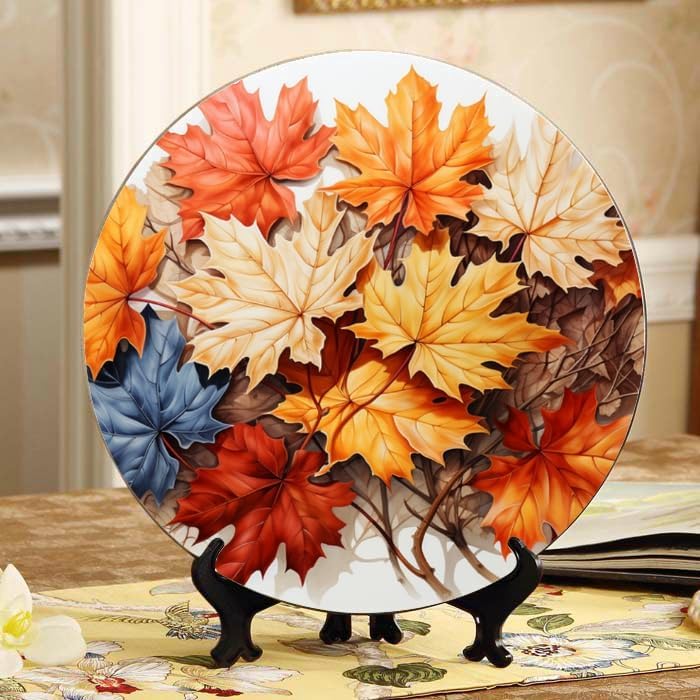 Autumn Leaves 10-inch Ceramic Plate for Wall Display or Tabletop, with Stand & Hook DP-280997983
