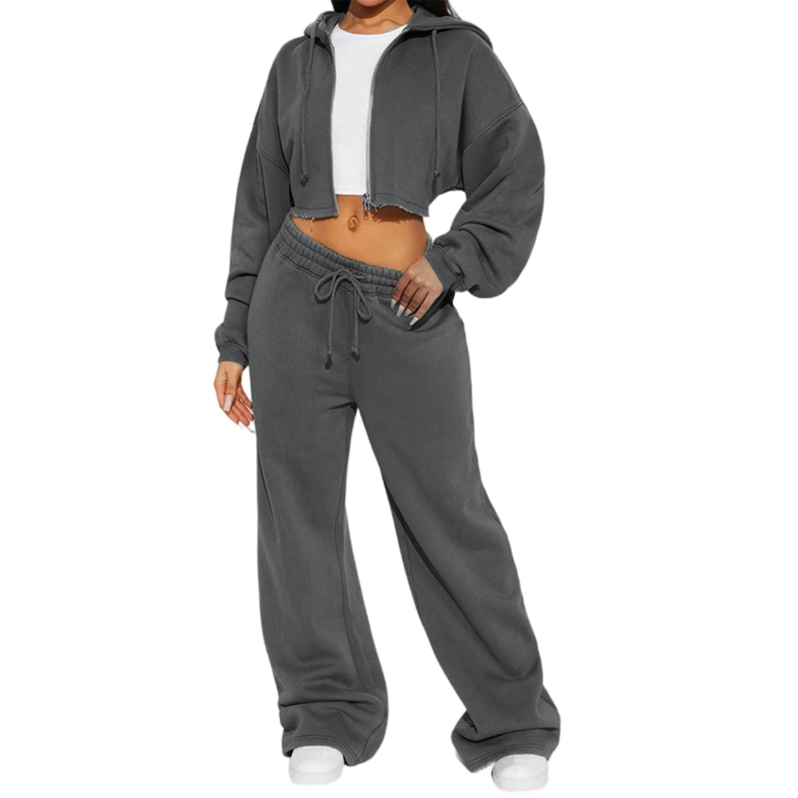 Jogginganzug Damen Zweiteiler Baggy mit Kapuze Winter Trainingsanzug Set mit Reissverschluss Hosenanzug Damen Sportlich Elegant Weites Bein Anzug 2 Teilig Jogging Freizeitanzug Crop Sportanzug