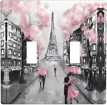 Paris Street Eiffel Tower Pink Floral Print Wall Plate, Chic Double Toggle Light Switch Outlet Combo Cover, Size 2-Gang 4.5" x 4.5"