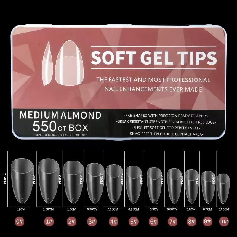 Soft Gel Full Cover Tips | Matte Acrylic Tips Artificial False Tips with Box Fake Tips Extension for Salons (Medium Almond Tips | Matte Finish, 550 pcs)