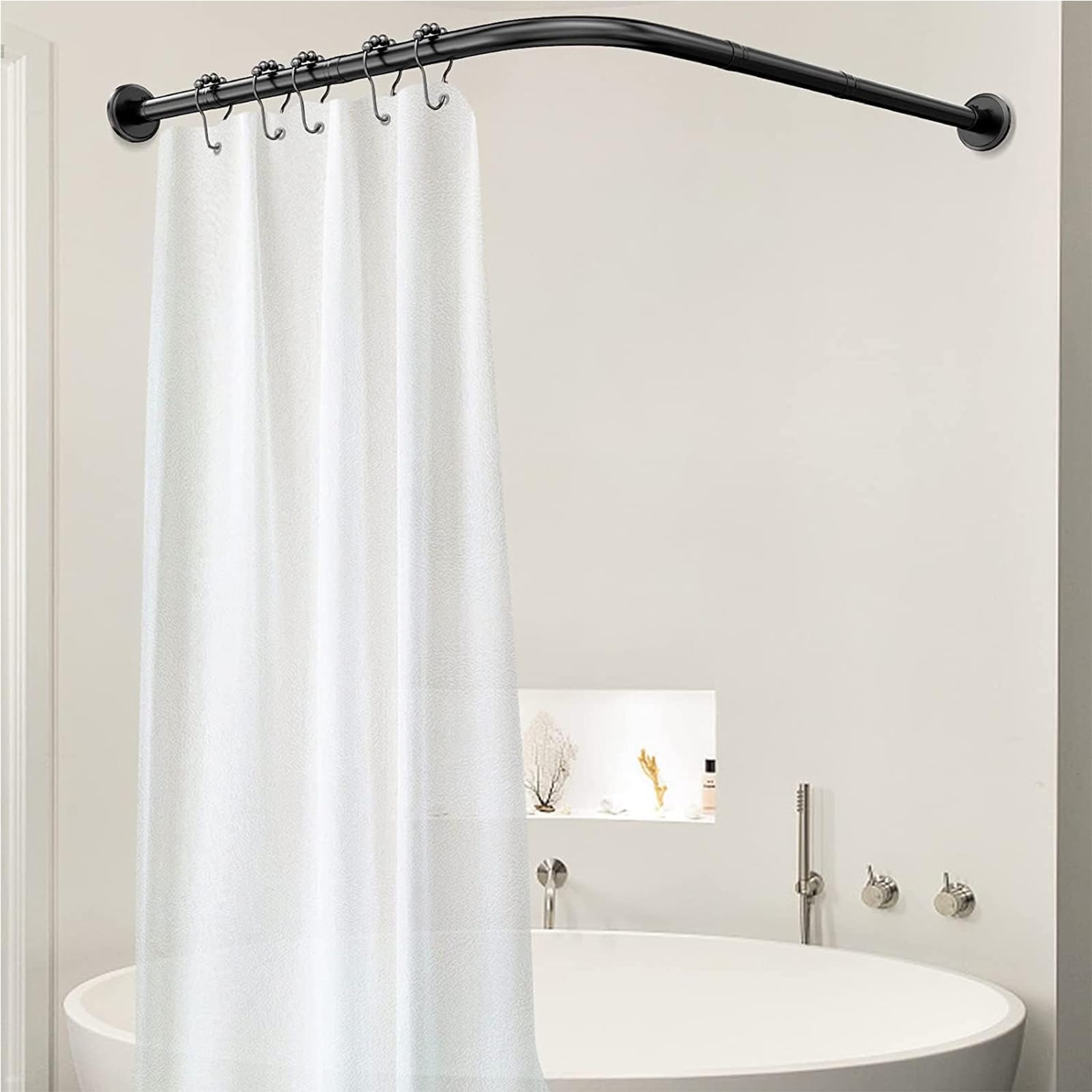 GLDYTVF L-Shaped Adjustable Shower Curtain Rod Curved Tension Pole Expandable Stainless Steel No Sag Design Fits 68-98cm x 192-222cm (Black)