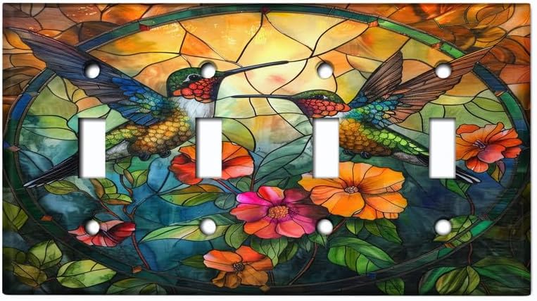 Metal Light Switch Plate Cover; Standard Size 4 Gang Toggle - Humming Birds with Flowers AML110