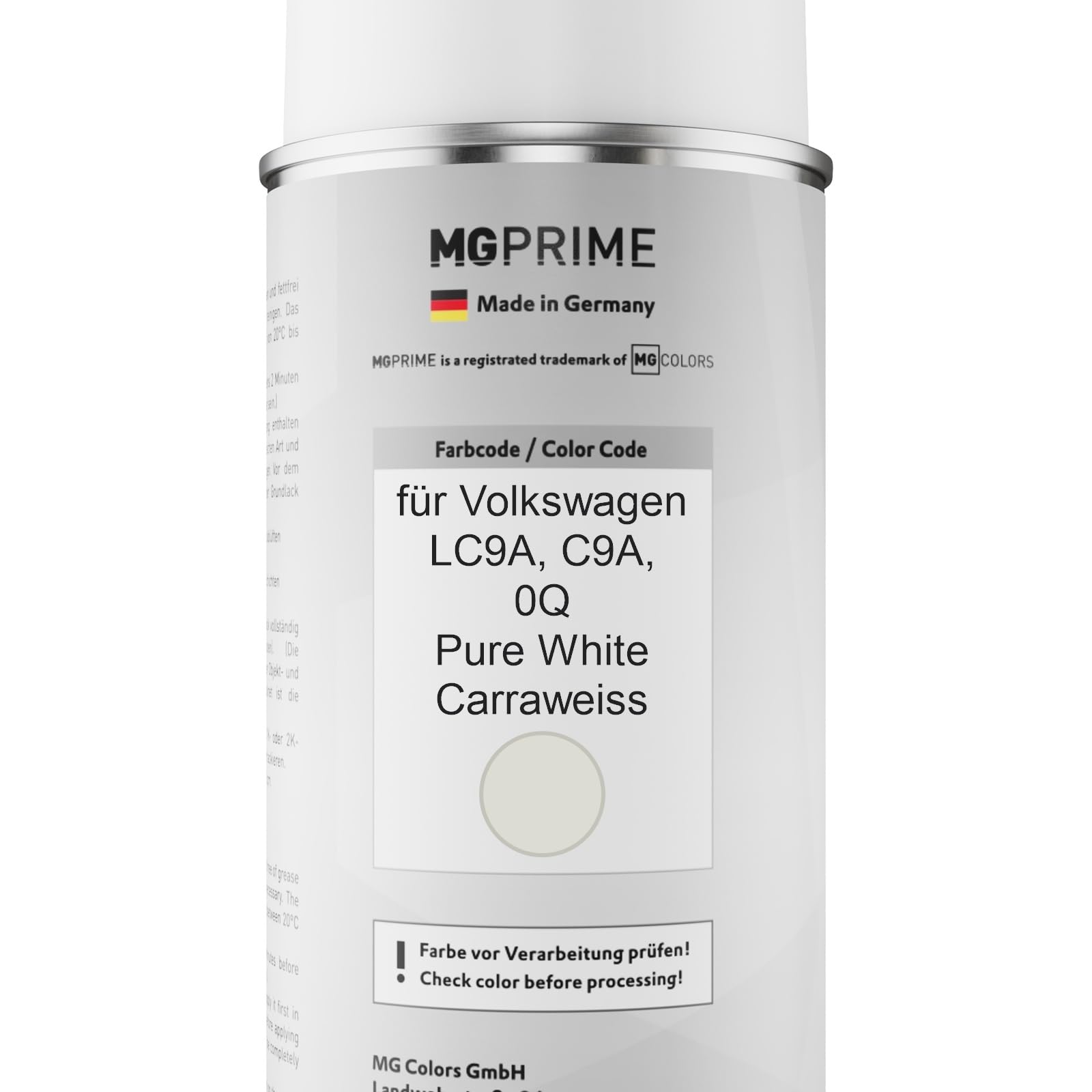 MG PRIME Vernice per auto Kit di bombolette a spruzzo per Volkswagen VW LC9A / C9A / 0Q Pure White/Carrara White Bomboletta spray da 400ml di vernice di base vernice trasparente