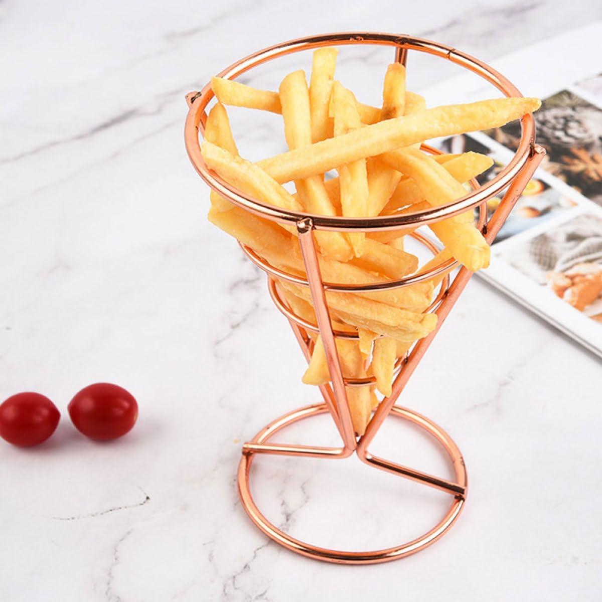 3pcs Rose Gold French Fries Basket Stand Holder, Snack Cone Rack for Appetizers, Metal Wire Kitchen Serveware for Parties, Bars, and Casual Dining