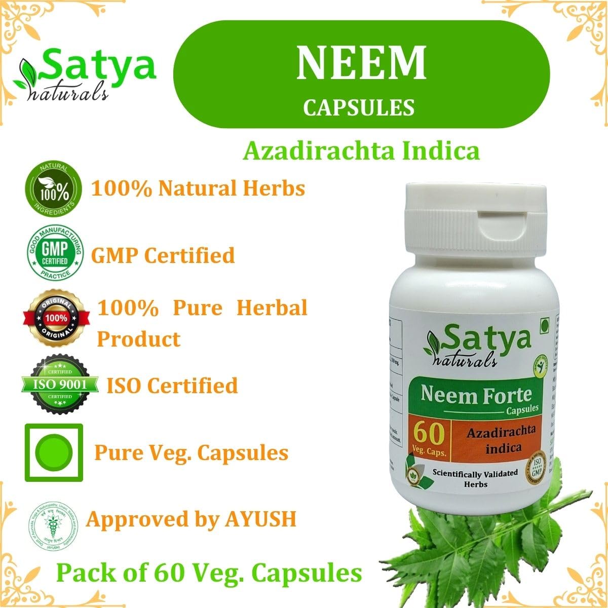 Azadirachta Indica (Neem, Nimba) Extract Capsules | Highest Potency, 100% Herbal Product | Pack of 60 X 500 mg. Veg. Capsules (Pack of 1 Bottle) — Amazon image 4