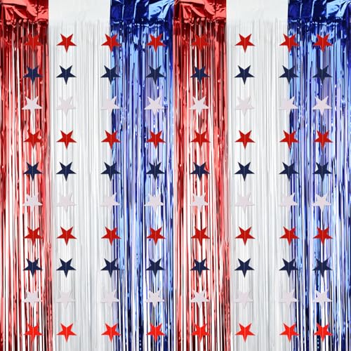 Image of 4th of July Decorations Set: 8 Strands Patriotic Star Streamers Banner Garland + 2 Pack 3.28Ft x 6.56Ft Metallic Tinsel Foil Fringe for Independence Day Memorial Day