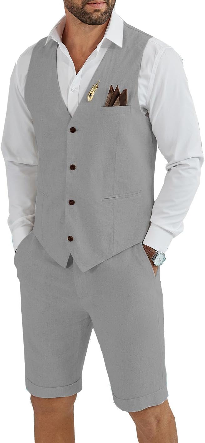 Men's Linen 2 Piece Suit Slim Fit Wedding Groom Groomsmen Summer Vest Shorts Set