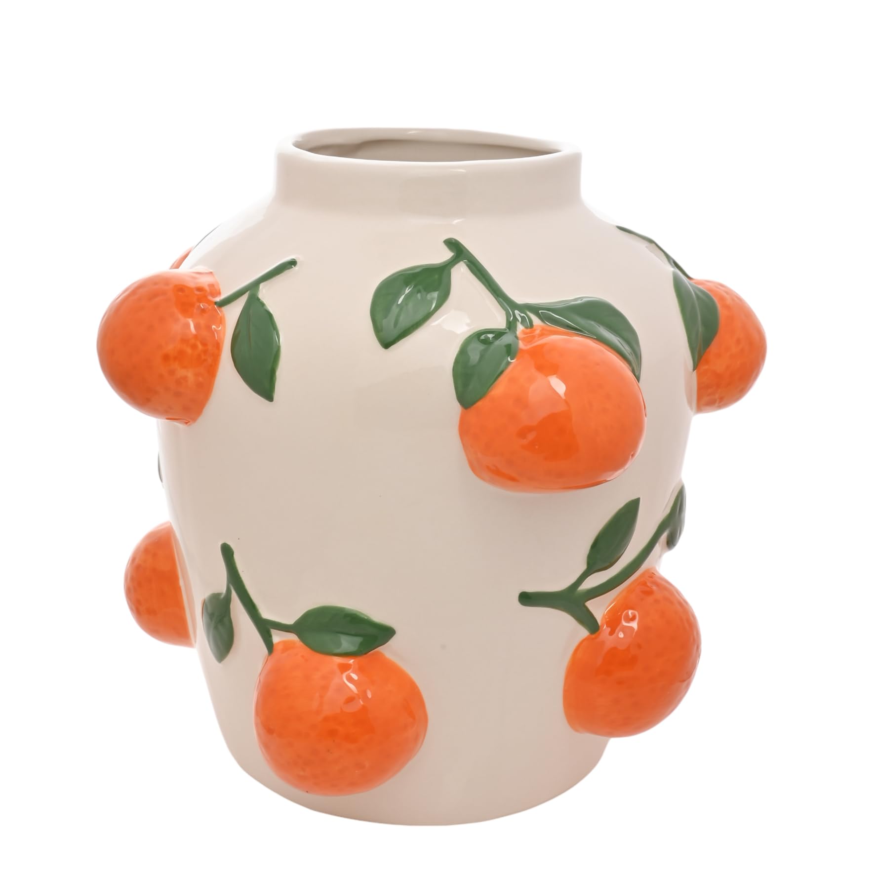 Widdop And Co White / Orange / Green Hestiavase With Embossed Oranges – Ceramic Mediterranean-Style Vase For Fresh Or Faux Flowers, Whimsical Spring Summer Home Décor - H: 23Cm X W: 20Cm.
