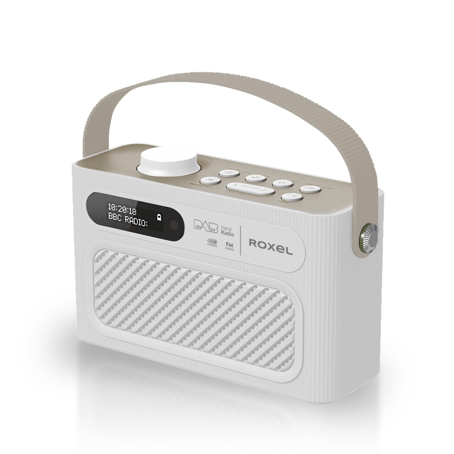 Roxel RDR-40 Stereo DAB/DAB+ Digital and FM Radio Portable Wireless Speaker with Dual Alarm Clock Function, USB & Micro SD MP3 Playback Function, 3.5mm Headphone Output (White Cappucino)
