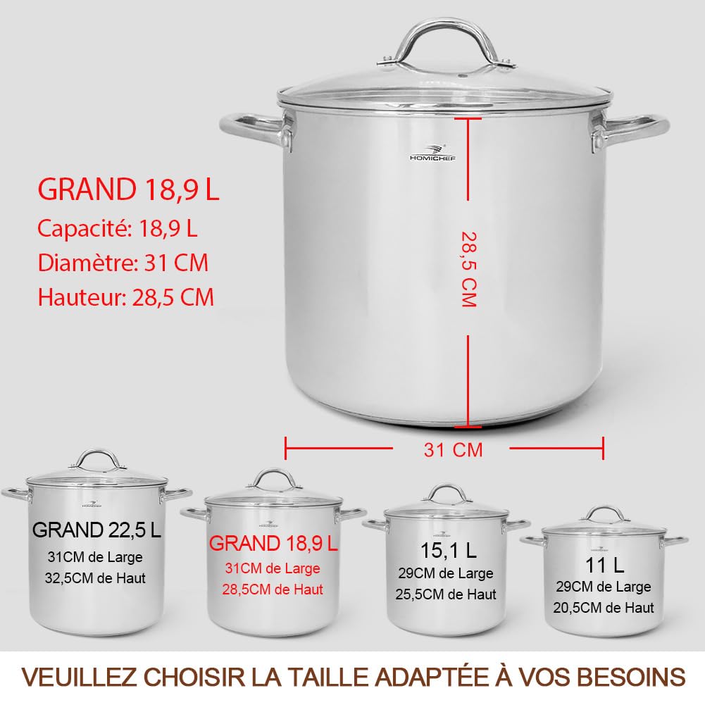 HOMICHEF Grande marmite en acier inoxydable sans nickel avec couvercle (31 cm, 18,9 L) - Marmite lourde polie miroir pour une cuisine saine