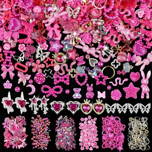 650pcs Mixed 3D Nail Charms Kit 12pcs Luxury Metal Nail Rhinestones and 250pcs Resin Butterfly Flower Star Heart Bow Charms with 400pcs Flatback Pearls Rhinestone Metal Gems Charms (Hot Pink)
