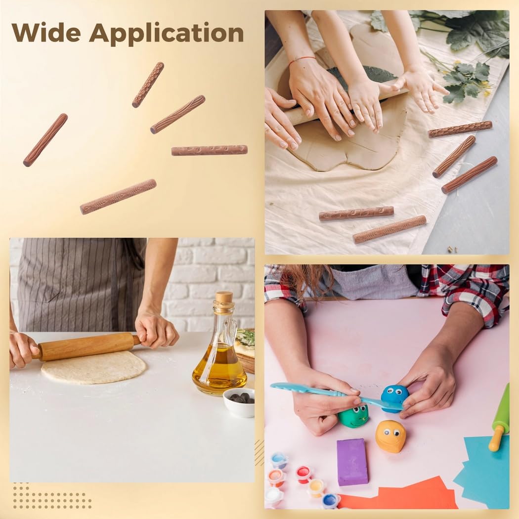 Lot de 5 rouleaux à pâtisserie en bois avec motifs de feuilles, poissons, galets et grains pour artistes