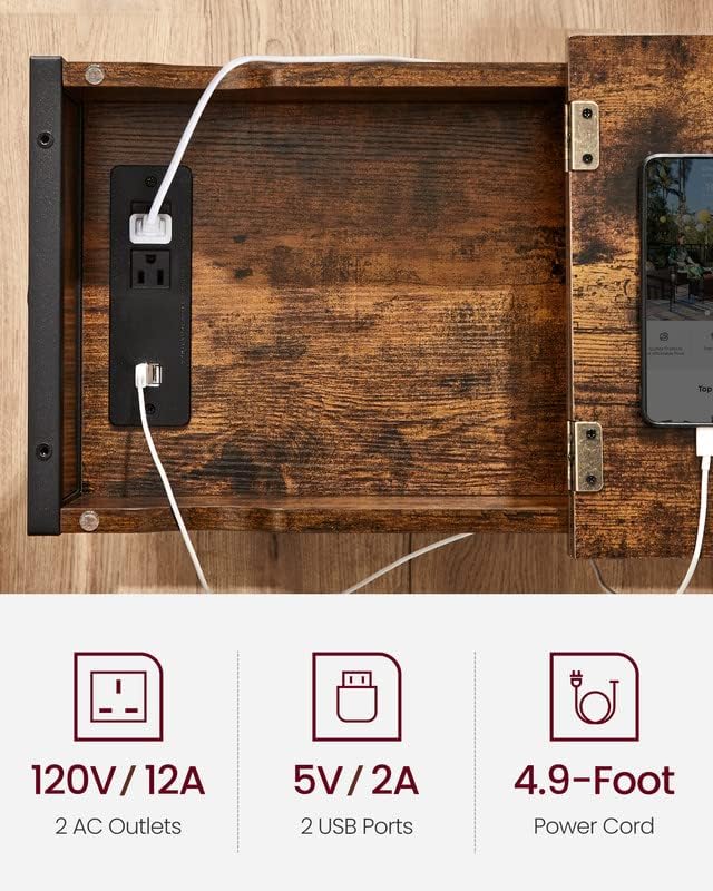 VASAGLE Side Table with USB Ports & Power Outlets, Flip Top End Table with Charging Station, Rustic Brown and Black ULET310B01V1 - Image 9