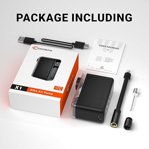 Miniatura 9 de COOSPO Tiny X1 Mini bomba eléctrica de bicicleta de 120 PSI, inflador de neumáticos de bicicleta portátil con manómetro, parada automática, inflado