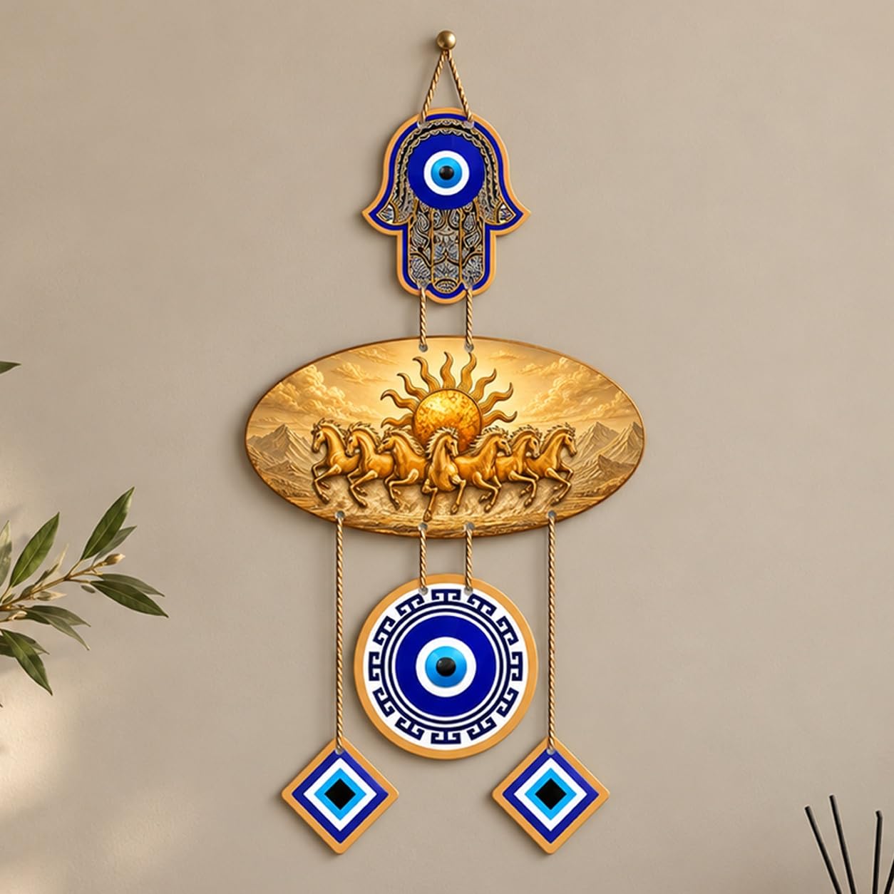 Golden Seven Horses Evil Eye Wall Hanging - Protection & Decor -1