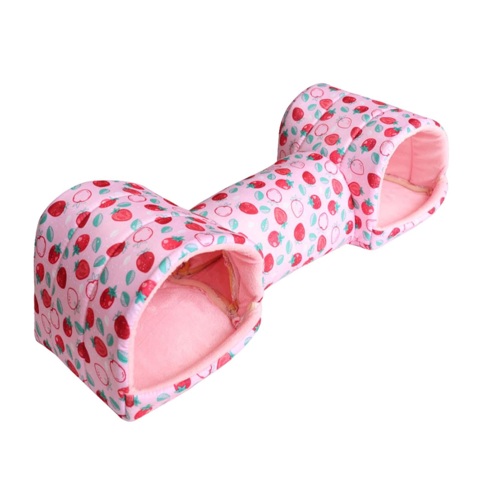 Milageto Hamster Hideout Guinea Pig Tunnel and Bed Hideaway Portable Guinea Pig Bed Small Animal House for Mice, Ferret, Pink Strawberry