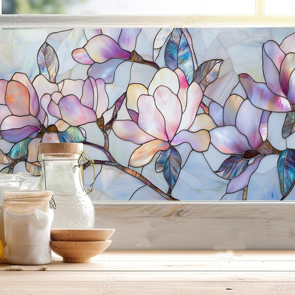 Window Film Privacy 75x200cm Light Purple Flowers Blackout Window Film Patterned No Glue Static, Self Adhesive,for Bathroom Kitchen Rental Apartment, Window Cover Anti-Uv