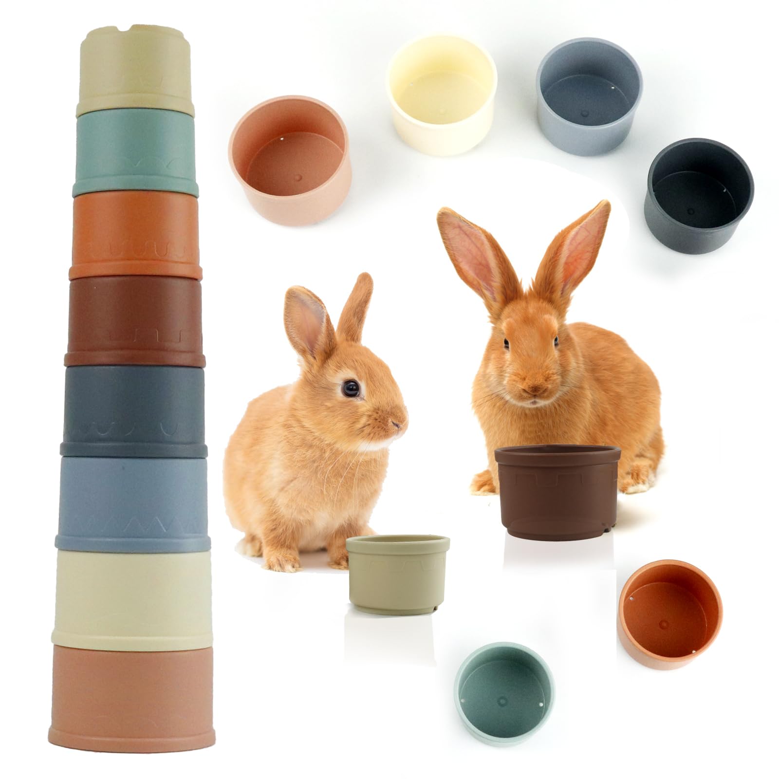 BNPHSIN 8PCS Stacking Cups, Rabbit Stacking Cups, Bunny Stacking Cups Pet Toys, Rabbit Toys Bunny Toys for Hiding Food and Playtime Fun Stack Up Cups for Rabbits Small Animals (Morandi Colour)
