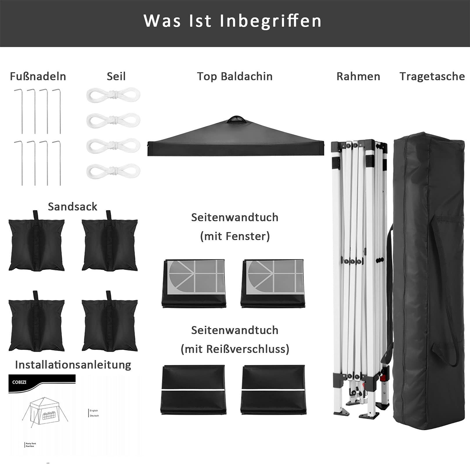 COBIZI Pavillon 3x3m Wasserdicht Stabil Winterfest Faltpavillon Partyzelt Gartenpavillon mit Entlüftung, 4 Seitenteilen, 4 Sandsack, Höhenverstellbar, Pop up Faltbar Gartenzelt, Schwarz