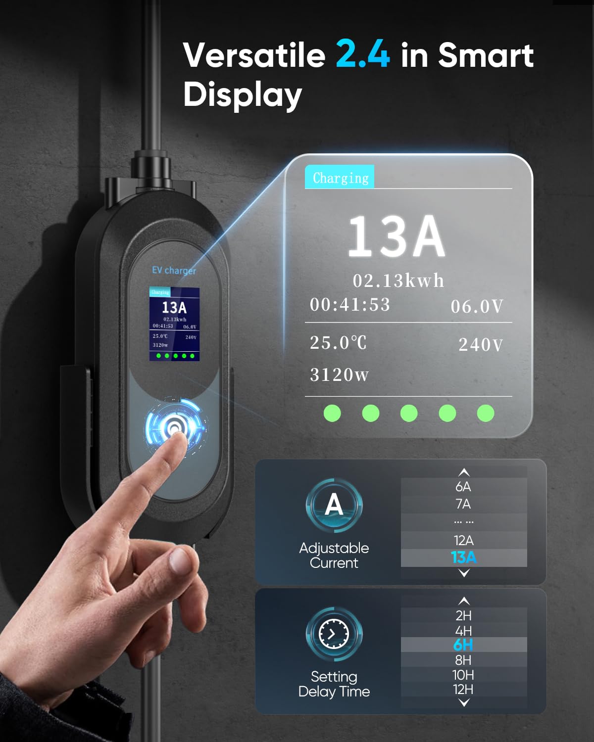 EV Charger Cable Type 2 to 3 Pin Plug 6M, Max 3.1kW [6-13A] UK 3Pin Electric Car Charger, Portable Car Type 2 Charging Cable 3 Pin with 2.4″ LED Screen, 12H Timing Delay, IP67/IP65 for EVs & PHEVs — view 3