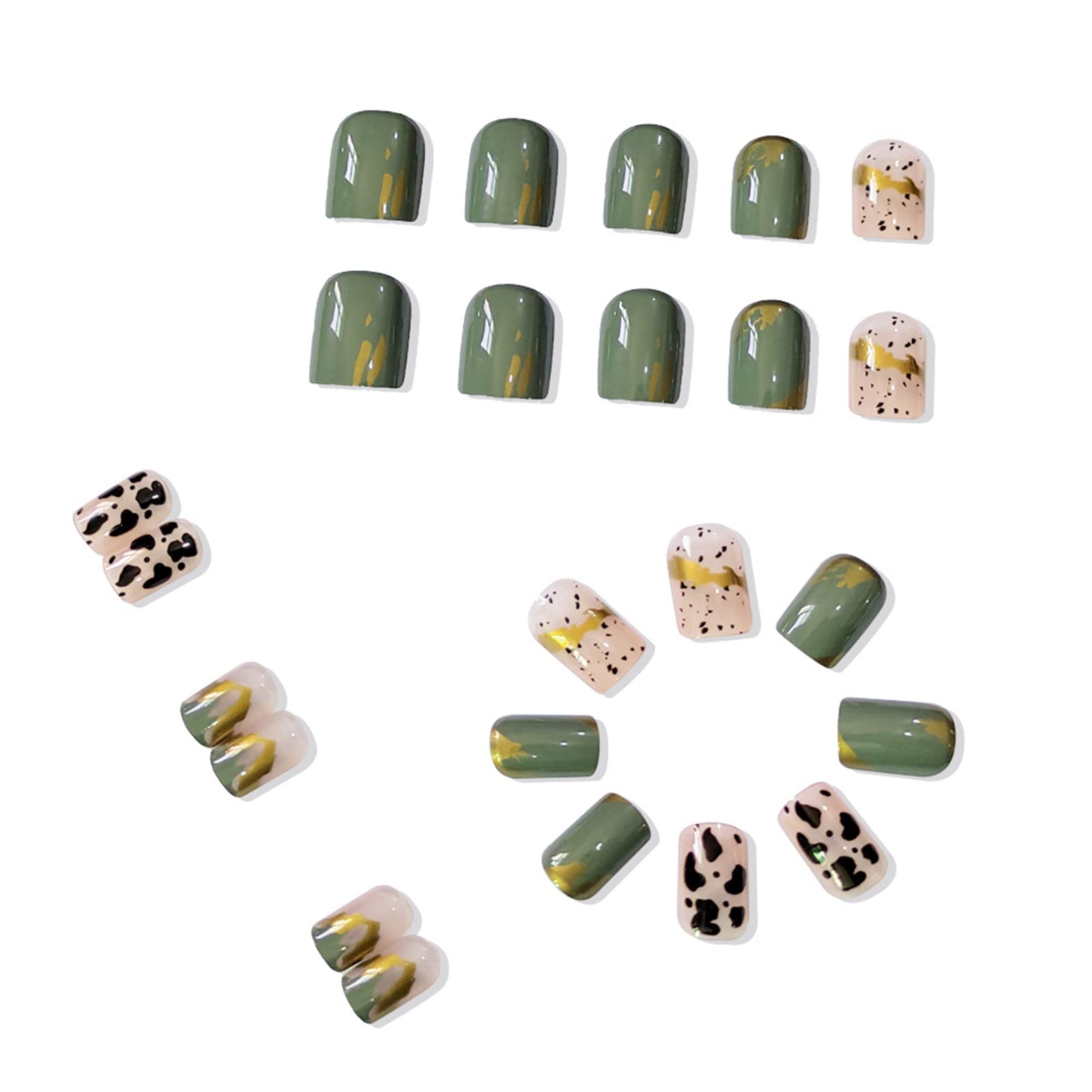 Unghie finte quadrate Colla staccabile corta inclusa Copertura totale Stampa leopardata verde oro stampa francese sulle unghie 24 pezzi Suggerimenti per nail art per saloni di bellezza e donne Nail