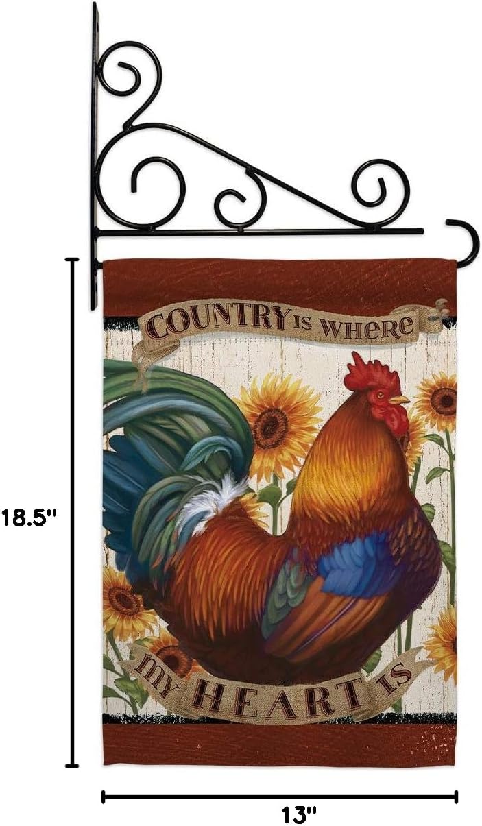 Country My Heart Garden Flag Set Wall Holder Animals Barnyard Animal Cow Horse Rooster Farmhouse Pet Nature Farm Creature Small Decorative Gift Yard House Banner Made In USA 13 X 18.5
