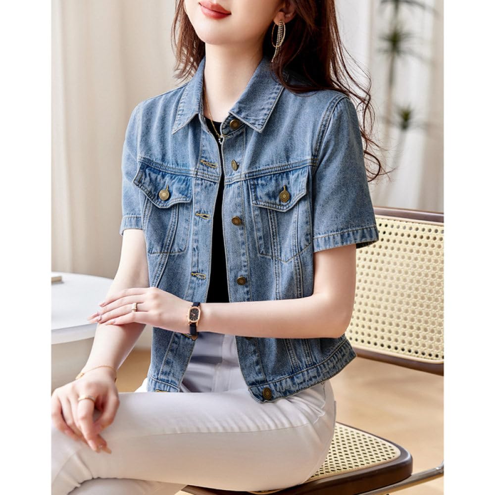 Damen Jeansjacke, Kurzärmlige Damen-Jeansjacke In Hellblauer Waschung Verblasstes Revers Button-Down-Jeansmantel Sommer-Jeansjacke Im Vintage-Stil Im Used-Look Trucker-Jeansjacke Tops Für Damen Un
