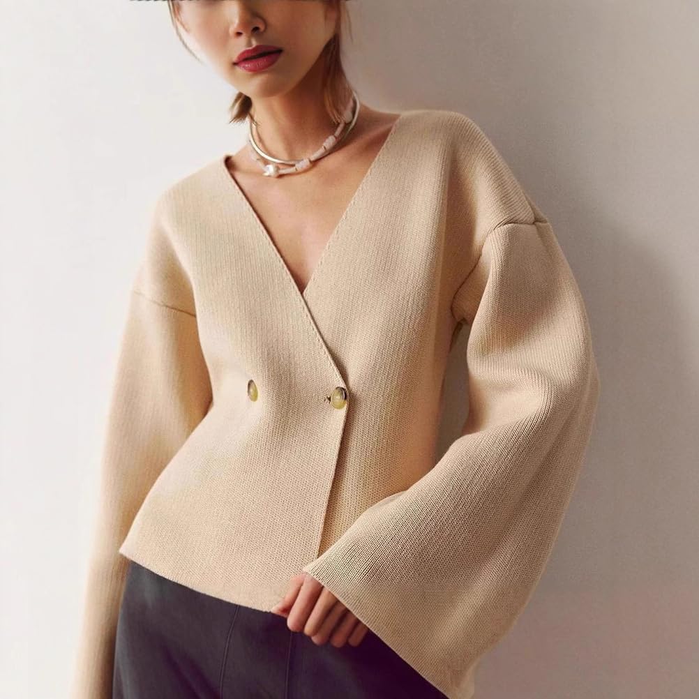 Donna Autunno Scollo A V Maglioni A Maglia Manica Lunga Doppia Fibbia Aperto Anteriore Slim Tops