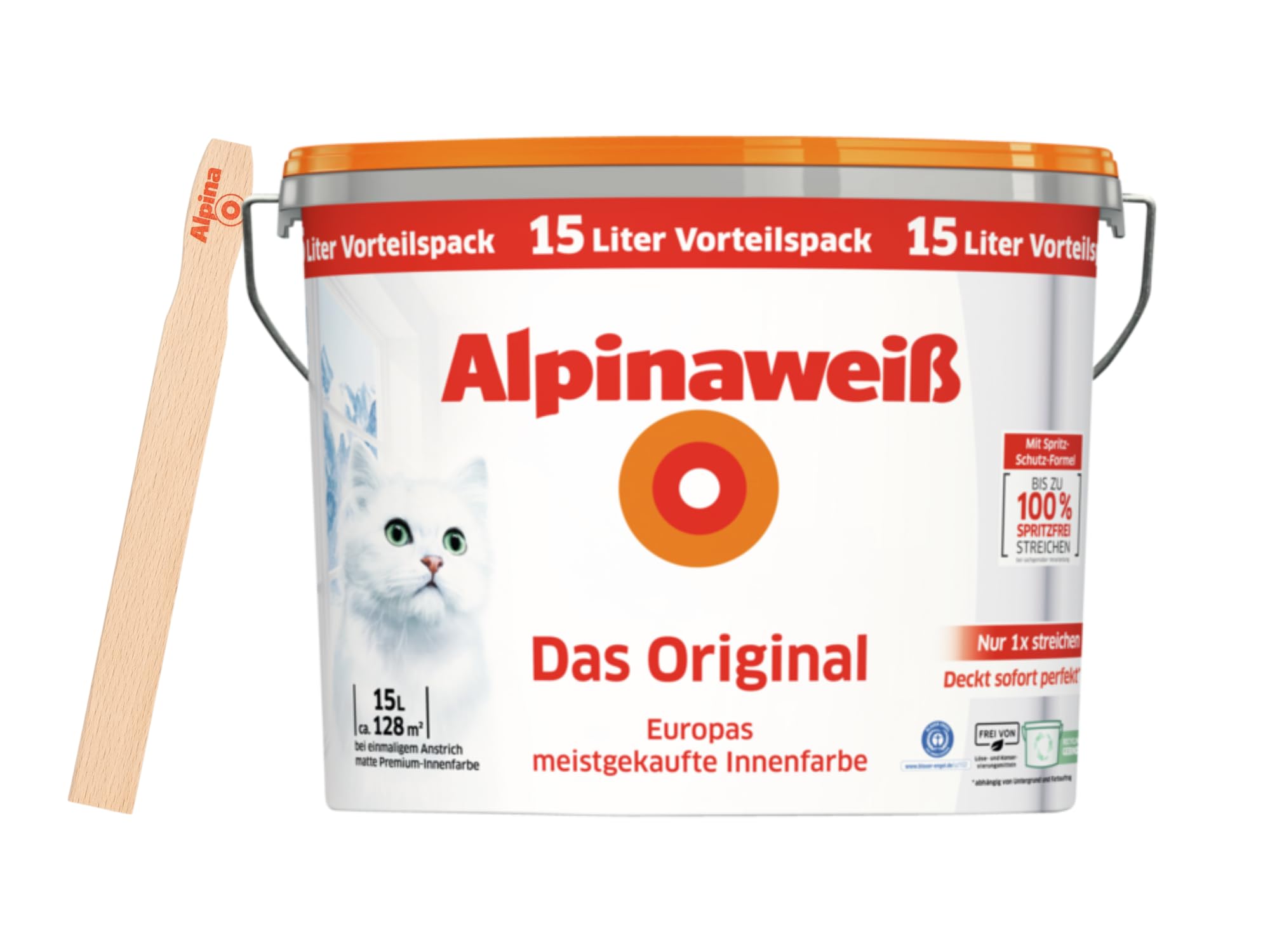 Alpinaweiß Das Original – optimal deckende und ergiebige weiße Wandfarbe – mit Spritz-Schutz-Formel – mit Rührholz (15 l)