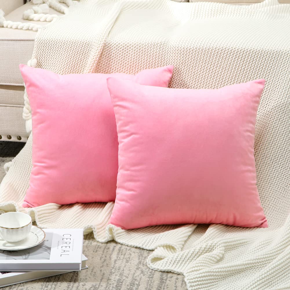 Ohok Set of 2 Pure Colour Velvet Cushion Covers 45 x 45 cm for Home, Living Room, Sofa, Bedroom Decorative (Pink)