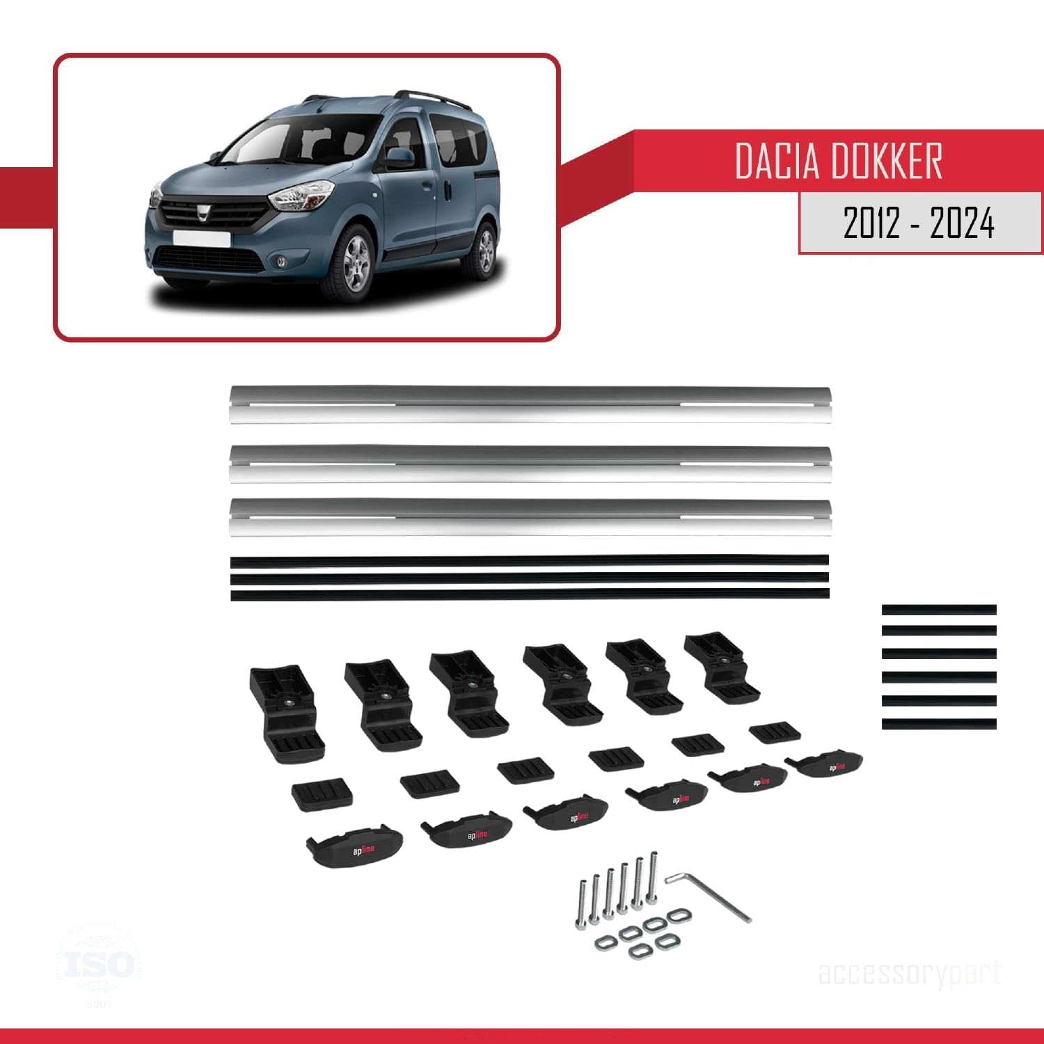 Kompatybilny z Compatible with Dacia Dokker (K67) 2012-2024 BASIC Model Aluminiowy bagażnik dachowy 3 poprzeczki, szary