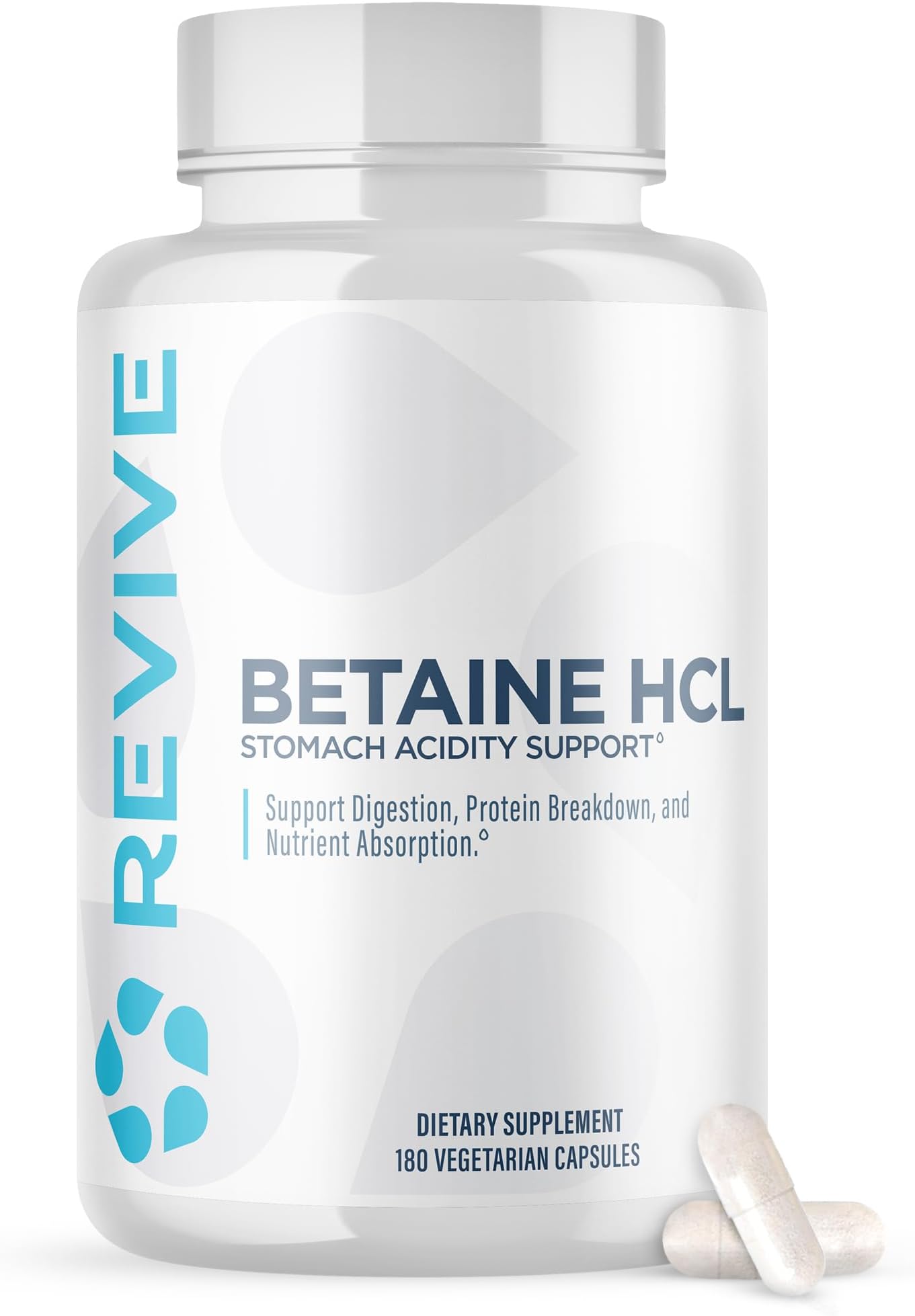 Revive MD Betaine HCL with Pepsin Digestive Enzymes, 180 Vegetarian Capsules - Betaine Hydrochloride Supplement Supports Healthy Digestion & Nutrient Absorption - Helps with Stomach Acid Levels