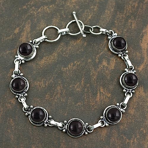 Round Shape Natural & Synthetic Gemstones Silver Plated Bracelets for Women - Vintage Bohemian Style Handmade Birthstone Adjustable Link Bracelet Jewelry Gifts for Wedding Anniversary Mother's Day4