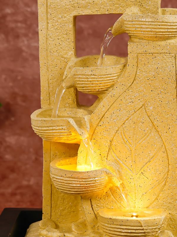 Image of Polyresin Table Top Stylish Leaf Print 4 Diya Steps Indoor Water Fountain for Home Decor with LED Light & Speed Controller Pump (Size: 40 x 29.5 x 22CM | Colour: Cream | Weight: 2250 gram)