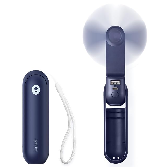 JISULIFE Portable Handheld Fan Mini Personal 3-In-1 with Power Bank Flashlight 12-19 Hrs USB Rechargeable Battery Pocket Fan