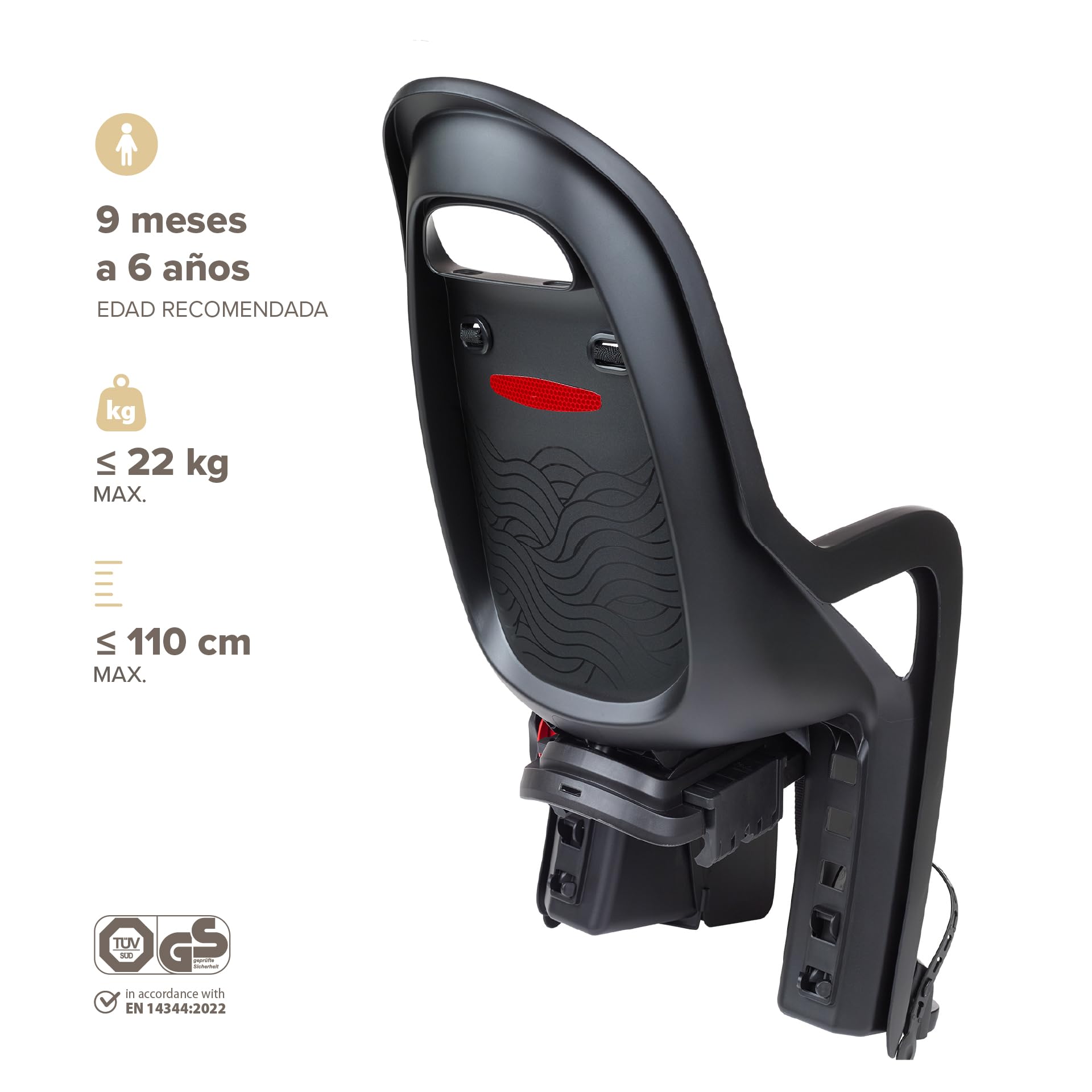 Polisport Groovy Maxi CFS Asiento Trasero para Niños – Asiento Bicicleta Bebés 9 Meses–6 años/hasta 22 kg, Reposapiés Ajustables, Montaje en Portabicicletas