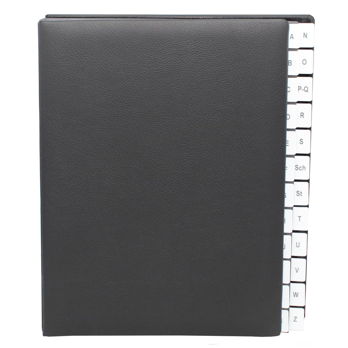 Raccoglitore con registro A-Z, in pelle bovina grana nera, adatto per DIN A4, copertina morbida con dorso elastico, divisori in cartone nero con fori di visualizzazione