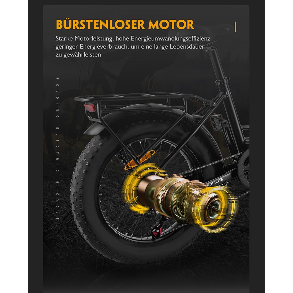 20F213 E-Bike Klapprad, 20 Zoll Fatbike, bis zu 80 km Reichweite, max. 150 kg Belastbarkeit, herausnehmbarer 36 V 14,5 Ah Akku, 250 W Motor, 7-Gang-Schaltung, LCD-Display, Schwarz