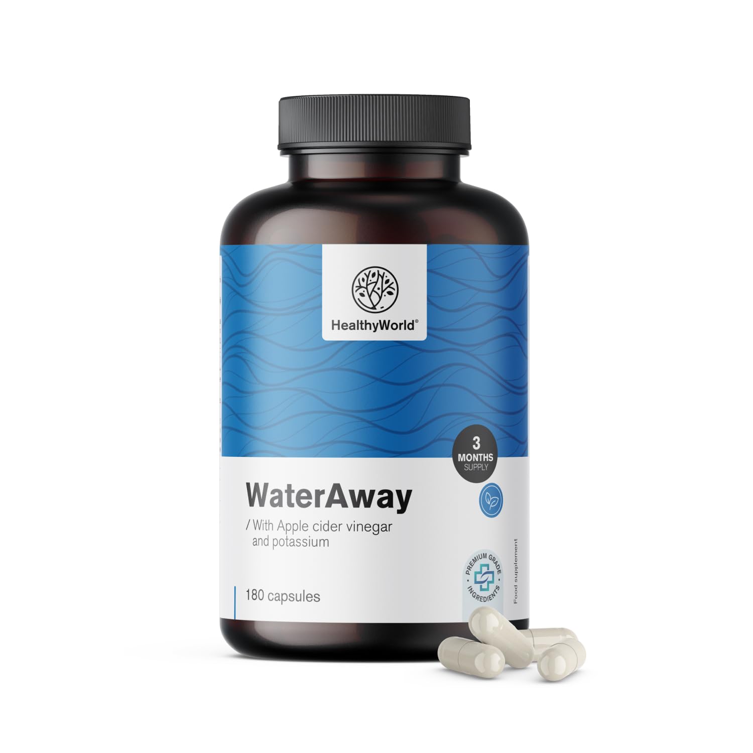 HealthyWorld WaterAway – Kapseln zur Entwässerung - 180 pflanzliche Kapseln - 2-Monats-Vorrat - 7 pflanzliche Extrakte - Regulierung von Flüssigkeiten, Hormonen und Verdauung