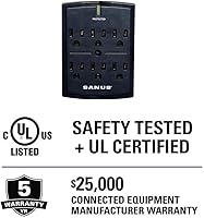 Vista 5 de SANUS, protector contra sobretensiones de perfil bajo en la pared, 1080 J, a prueba de fuego, con 6 salidas de electricidad AC y 3 líneas